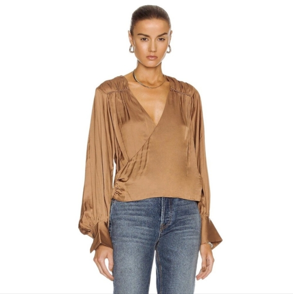 Frame Denim Satin Balloon Long Sleeve Wrap Front Blouson V-Neck Blouse Bronze XL - Picture 2 of 13